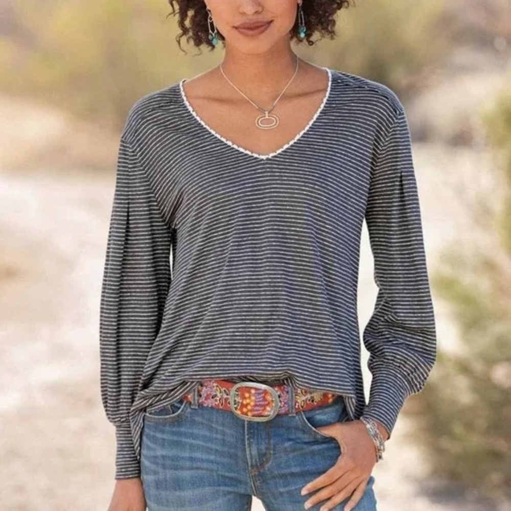 Sundance Mariner Journey Top - 100% Linen Grey Striped Blouse - Size Medium